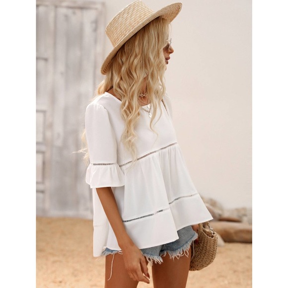 Boho Lace Insert Flounce Sleeve Ruffle Hem Blouse - white eyelet - Picture 3 of 6